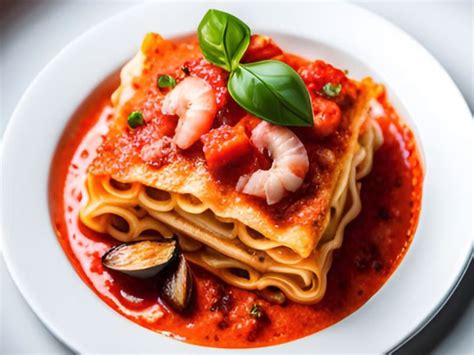 Lasaña de mariscos recién horneada y gratinada