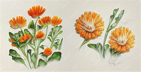 Ilustración botánica de la flor de caléndula con sus pétalos anaranjados.