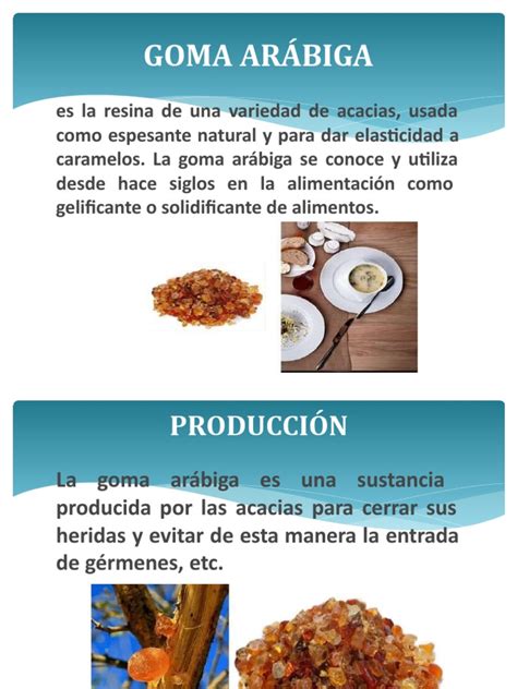 Esquema de las propiedades y usos de la goma arábiga como aditivo alimentario