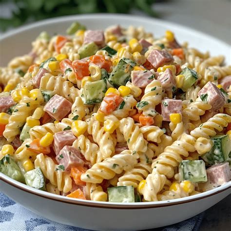 Ensalada de pasta fría con trozos de piña, tomate, pavo y maíz, aderezada con mahonesa de piña y decorada con perejil