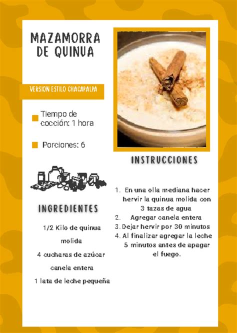 Infografía detallando los pasos de la receta de mazamorra colombiana con tiempos y cantidades.