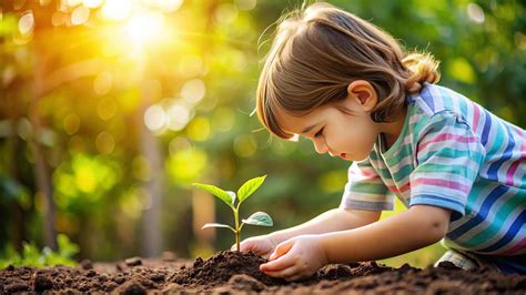Niño plantando una semilla de poroto en un recipiente