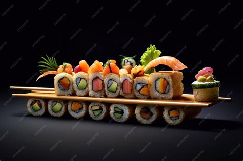 Ilustración de un barco de sushi tradicional con una amplia variedad de rolls y nigiris