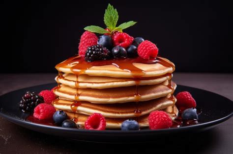 Pila de panqueques con jarabe y frutas