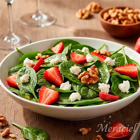 Detalle de una ensalada con fresas, trozos de pollo, queso de cabra desmenuzado y maíz tostado.