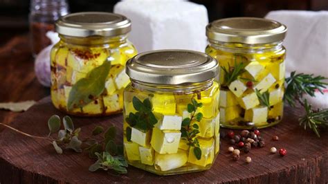 Diferentes presentaciones del queso feta: en bloque, marinado, en aceite