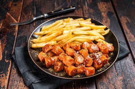 Un plato de Currywurst alemán con papas fritas y kétchup/mayonesa.