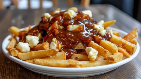 Un apetitoso plato de Poutine con papas fritas, queso en grano y salsa de carne.