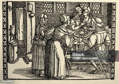 Ilustración medieval de personas comiendo empanadas o pasteles