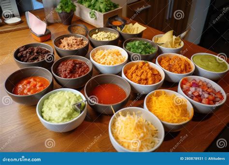 Mesa con variedad de toppings para tacos: salsas, vegetales, carnes