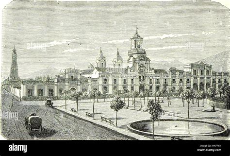 Ilustración de la Plaza de Armas de Santiago en época colonial