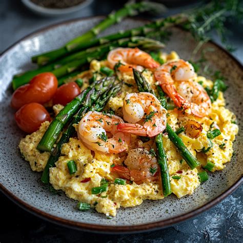 Imagen de un plato de arroz con espárragos trigueros y gambas, con los espárragos verdes vibrantes y las gambas rosadas.