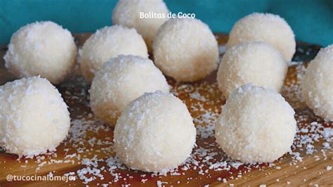 Infografía mostrando los pasos para hacer bolitas de coco con procesador de alimentos