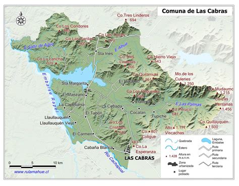 Mapa de la Comuna de Las Cabras en la Región de O'Higgins con el Lago Rapel