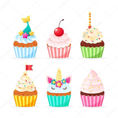 Ilustración de cupcakes coloridos con mensajes de cumpleaños escritos en glaseado.
