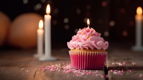 Primer plano de un cupcake con una vela y una frase corta escrita en glaseado.