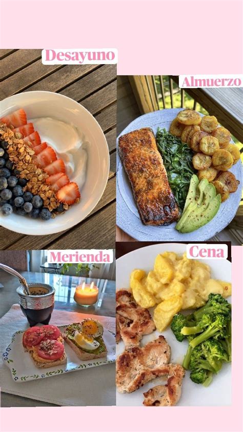 collage de imágenes representando los platos del menú de ejemplo: desayuno, almuerzo y cena