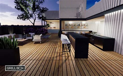 Diseño de terraza moderna con asador y mobiliario