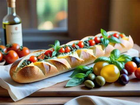 Selección de panes rústicos y baguettes para bruschetta, junto a ingredientes frescos