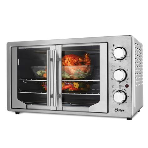 Diseño frontal del horno de convección Oster mostrando los tres controles giratorios