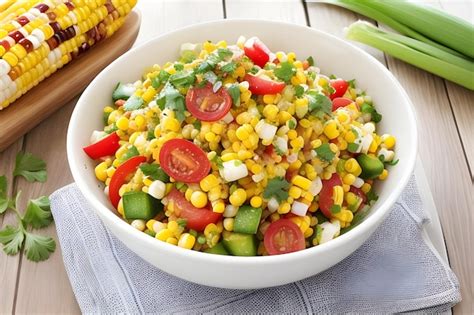Bol con ensalada de maíz colorida, adornada con cilantro y chiles.