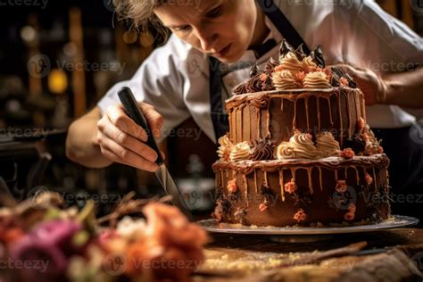 Técnico en pastelería decorando un pastel elaborado