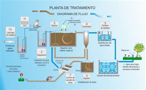 Esquema general del flujo de agua en una planta depuradora mostrando las etapas de pretratamiento, tratamiento primario, secundario y terciario.