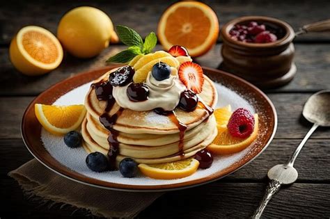 Foto de panqueques individuales cubiertos con queso fresco y fruta