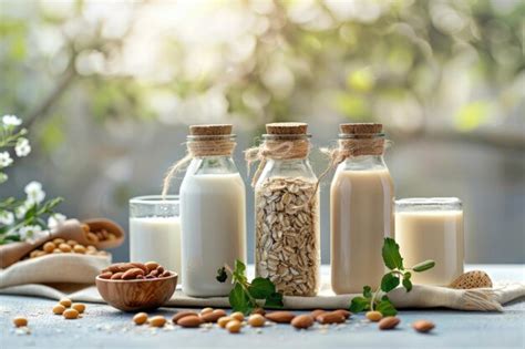 Foto de varias leches vegetales caseras (almendra, avena certificada, arroz) en botellas de cristal