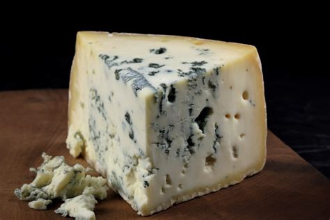 Imagen de un queso Roquefort mostrando las características vetas azules.