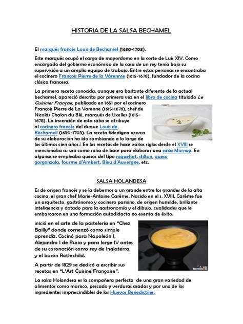 Infografía histórica breve sobre el origen de la salsa bechamel, mencionando Catalina de Médici, la corte francesa y Luis de Bechamel, junto con la evolución de la salsa.