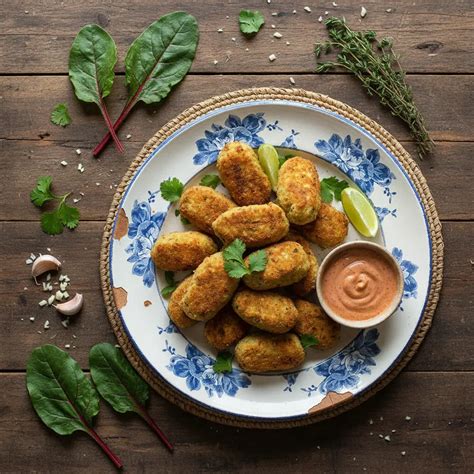 Plato servido con croquetas de acelga y arroz doradas y crocantes