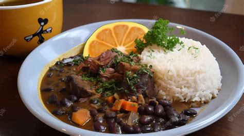 Plato de feijoada brasileña con arroz, naranjas y farofa