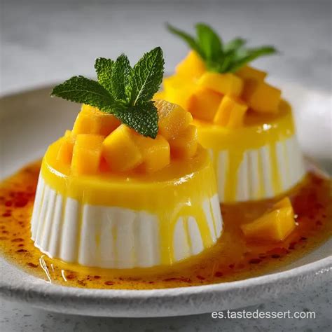 Copones de postre de mango con crema de leche decorados con hojas de menta