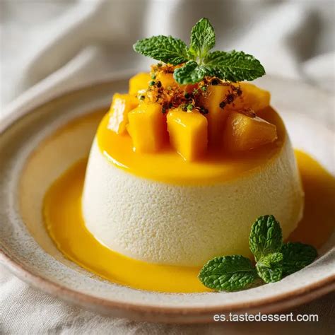 Detalle de la textura cremosa de un postre de mango con crema