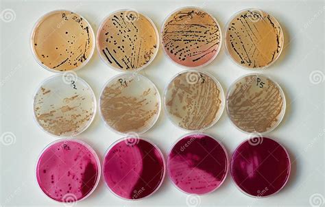 Ilustraciones de colonias bacterianas en diferentes agares selectivos y diferenciales