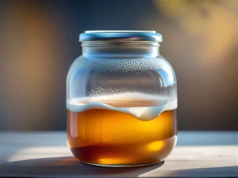 Fotografía de un SCOBY saludable flotando en un tarro de kombucha