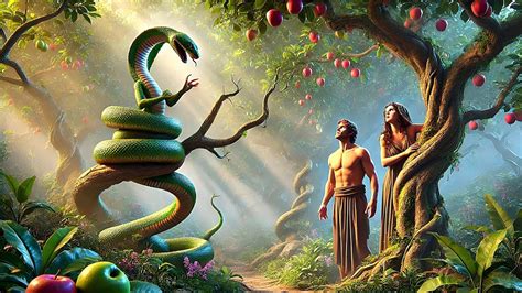 Representación bíblica del Pecado Original en el Jardín del Edén con Adán, Eva, la serpiente y el árbol del conocimiento.