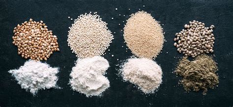 Foto de diferentes tipos de harina (blanca, integral, centeno, espelta, maíz) en cuencos etiquetados.