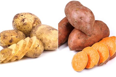 Infografía comparativa de patatas y batatas, destacando sus perfiles nutricionales.