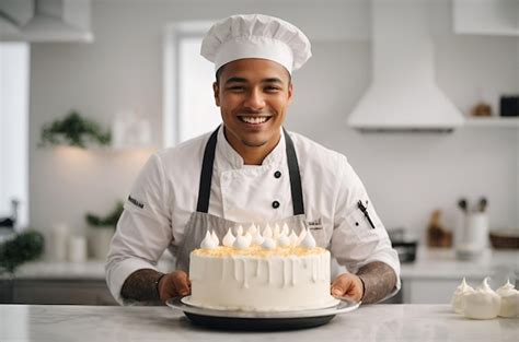 Chef pastelero decorando un pastel con crema en una cocina profesional