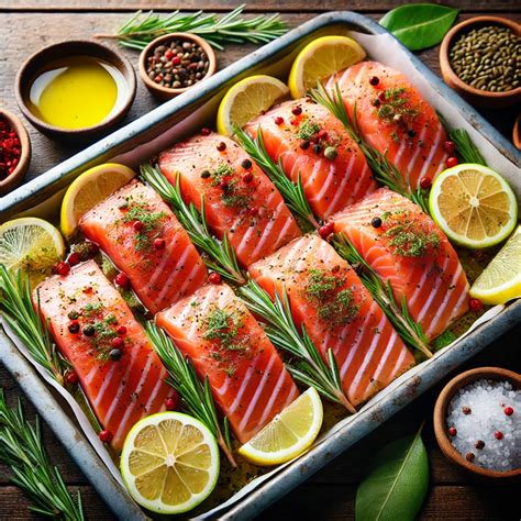 Salmón fresco en una bandeja listo para hornear
