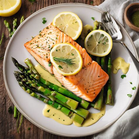 Plato de salmón al horno con limón y guarnición de espárragos
