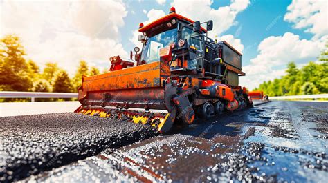 Fotografía de camiones de asfalto y esparcidoras trabajando en una carretera