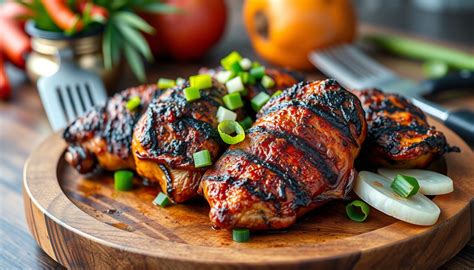 Foto de pollo Jerk terminado con guarnición de lima y arroz