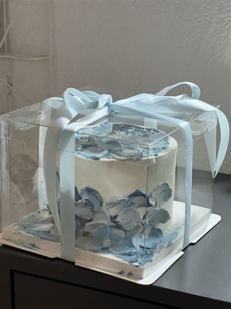 Pastel decorado presentado dentro de una caja de acetato transparente, permitiendo ver su diseño