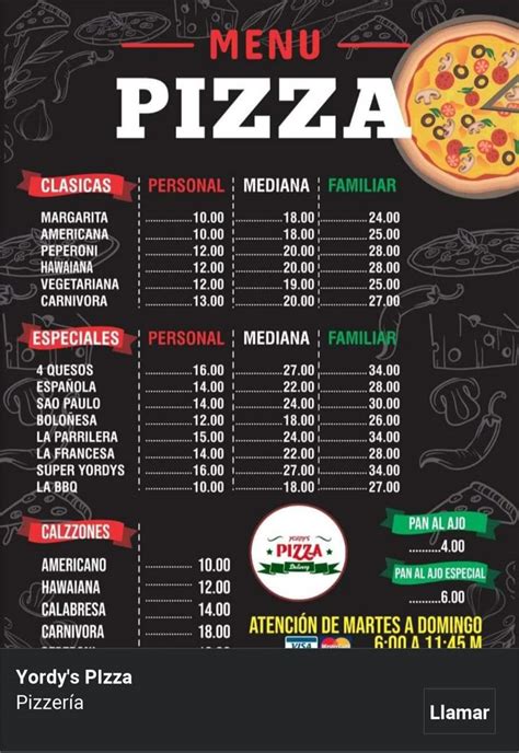 Ilustración de una tabla de pizzas con sus nombres y principales ingredientes.