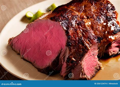 Foto de una pieza de carne de vacuno asada al horno, dorada y jugosa, lista para servir