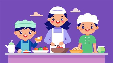 Ilustración de niños cantando y cocinando