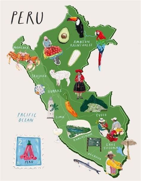 Mapa de Perú con iconos de ingredientes regionales para torta de quinua